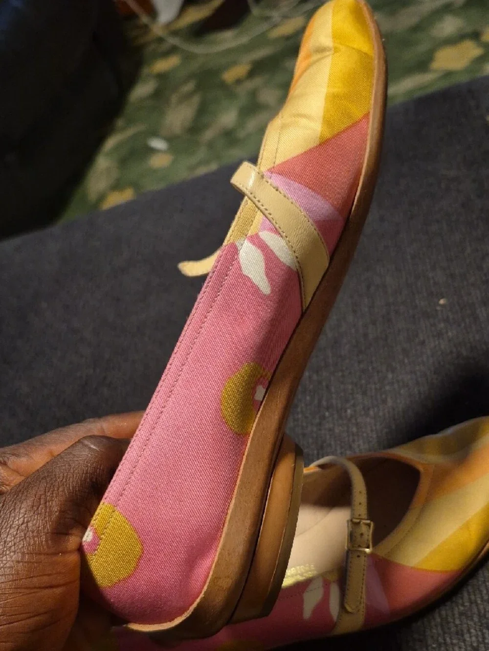 Salvatore Ferragamo Pink, Yellow & Orange Patterned Mary Jane Flats